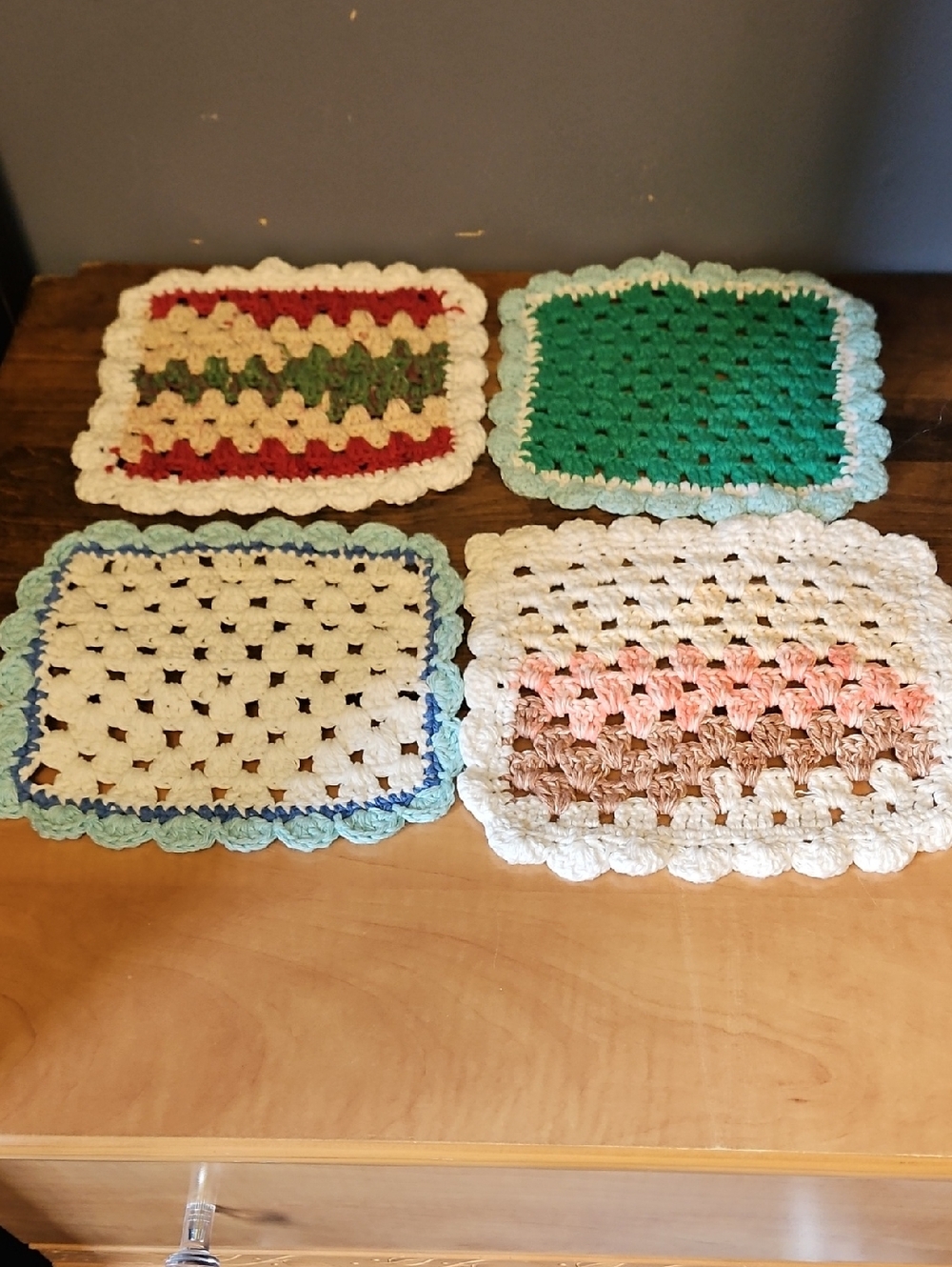 Hand Crafted Crochet Square Dishcloth Set of 4 in White, Green, Red, Pink, Brown